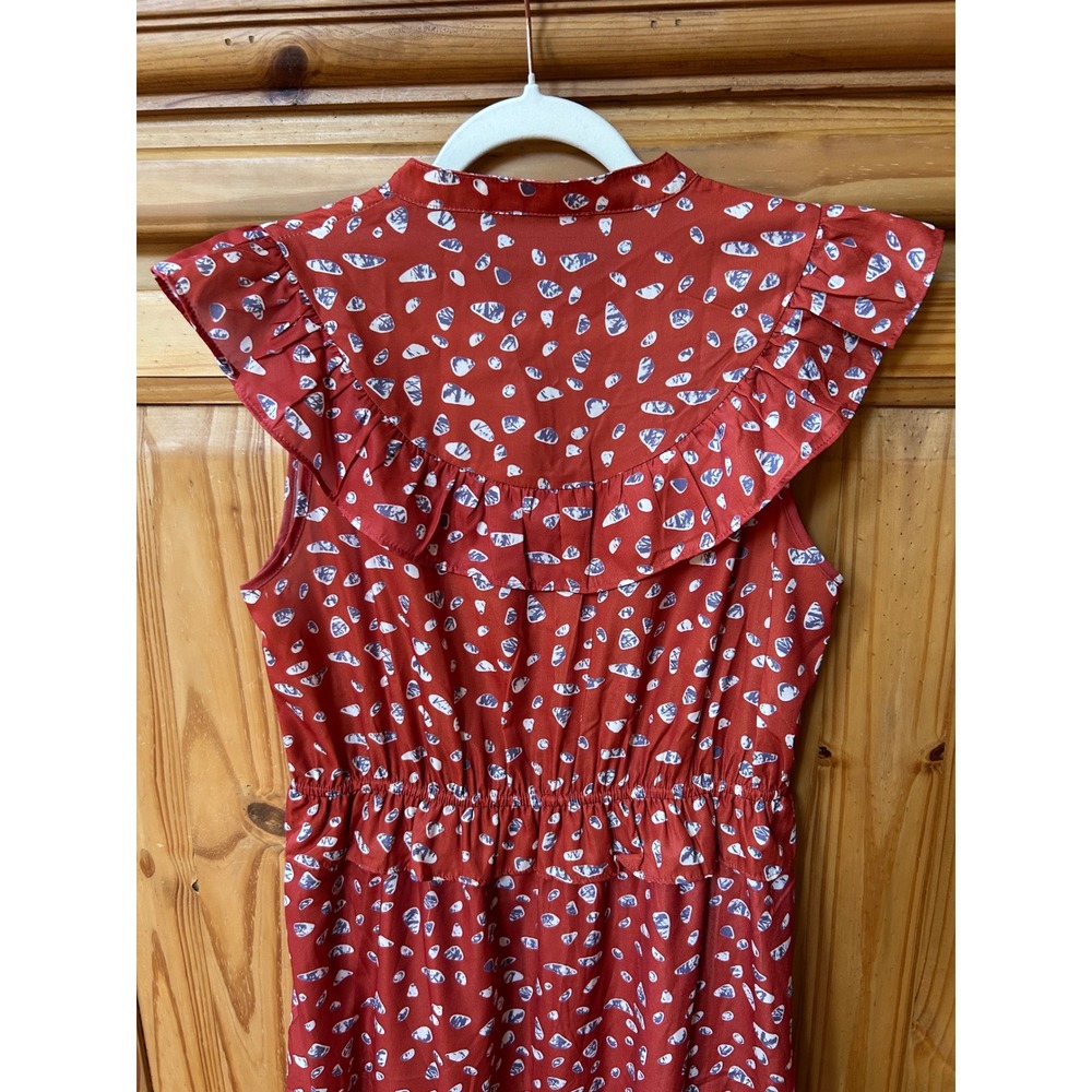 THML Womens Rust Orange Abstract Print Tassel Tie Ruffle Tiered Midi Dress L - Picture 6 of 9